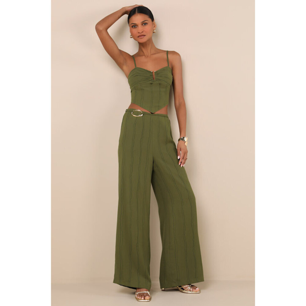 Lulus Kotryna Green Striped O-ring Belted Wide-leg Pants - Size M